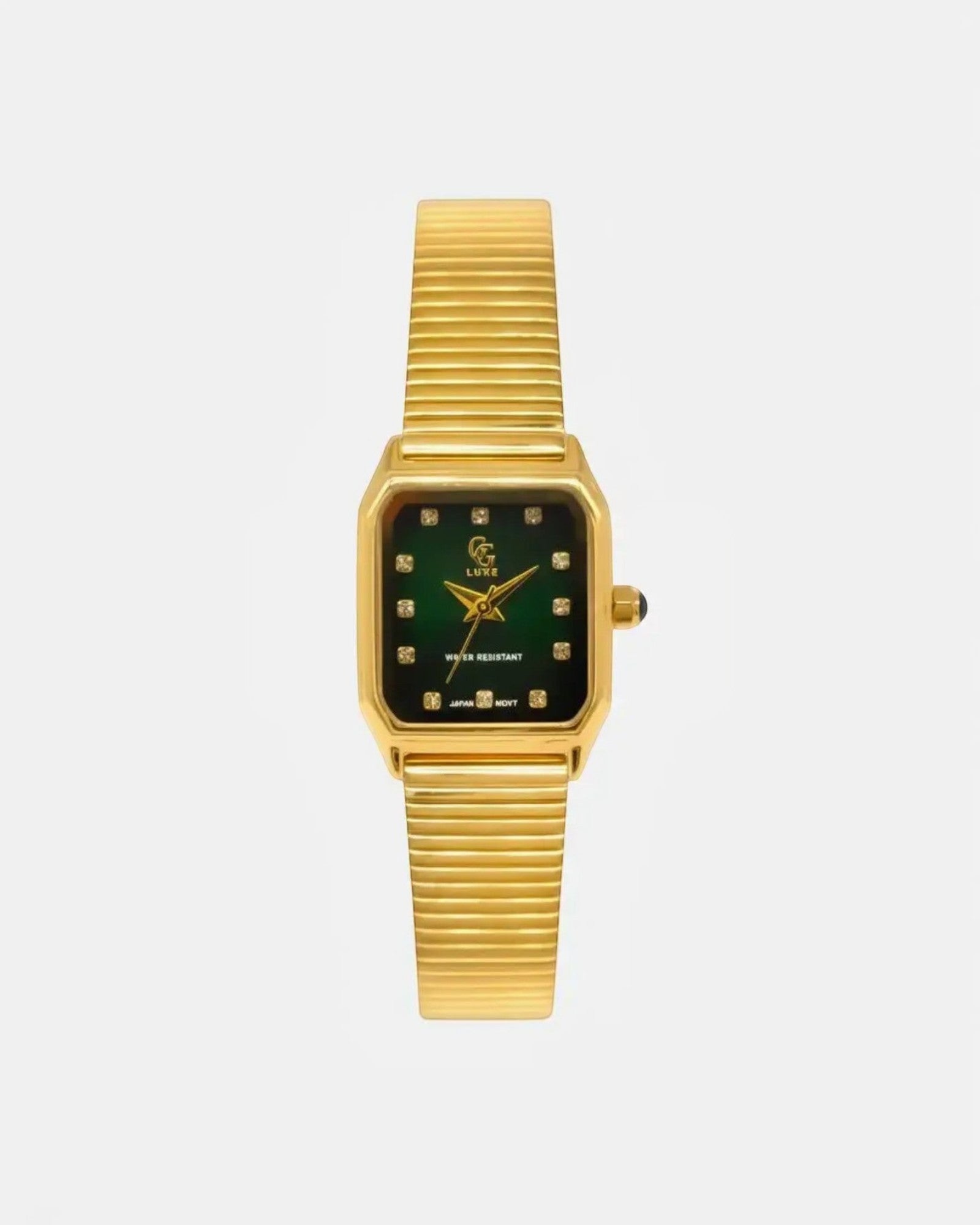 BROCK Montre Marlow GG LUXE WATCH dorée, cadran rectangulaire vert avec index cristaux et bracelet mesh