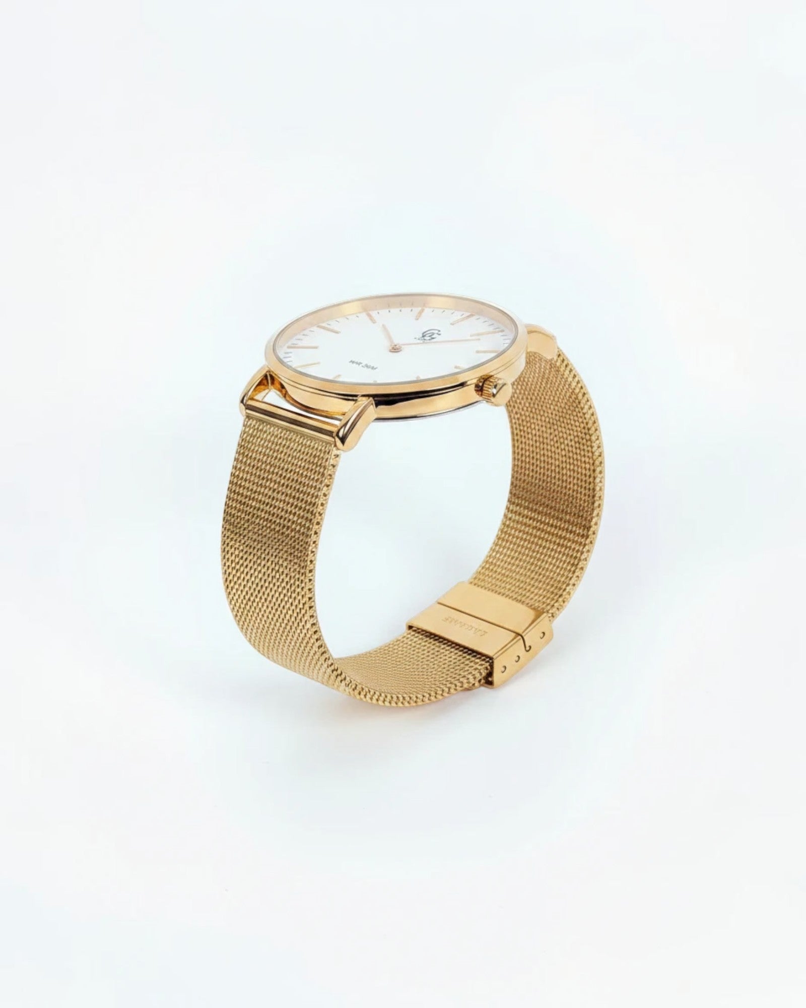 Montre Valentin Gold White GG LUXE WATCH de BROCK, boîtier doré, cadran blanc, bracelet milanais doré, mouvement quartz.