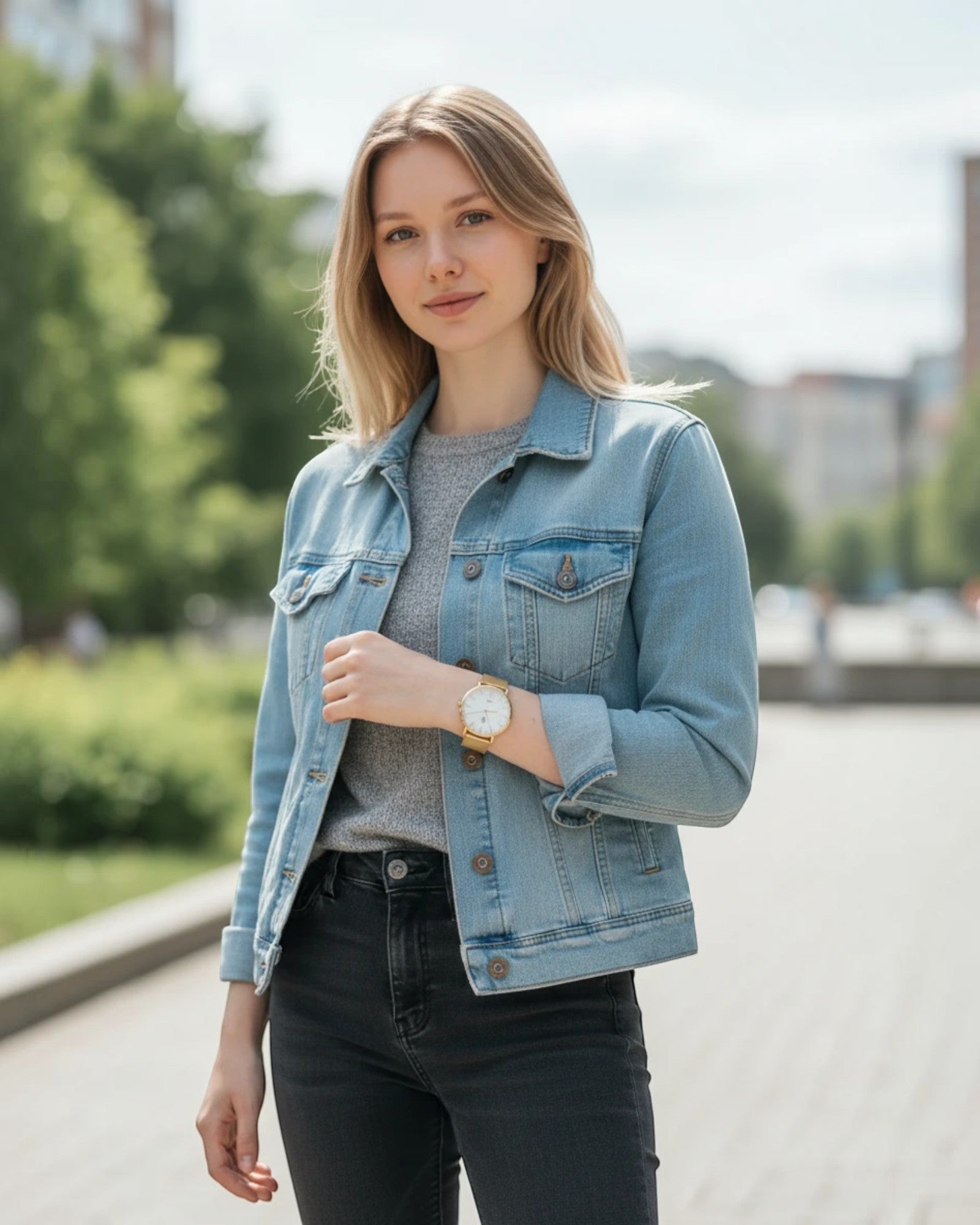 Montre Valentin Gold White GG LUXE WATCH avec boîtier doré et cadran blanc, bracelet en acier doré, portée par une femme.