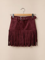 BROCK MOOYA burgundy faux suede mini skirt with fringe hem and matching belt featuring a silver metal buckle