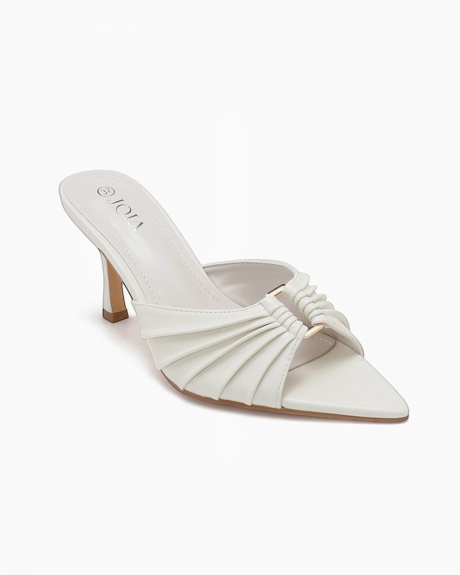 BROCK Mule blanche à talon fin JOIA PARIS avec brides plissées et détail doré, bout pointu, cuir synthétique.