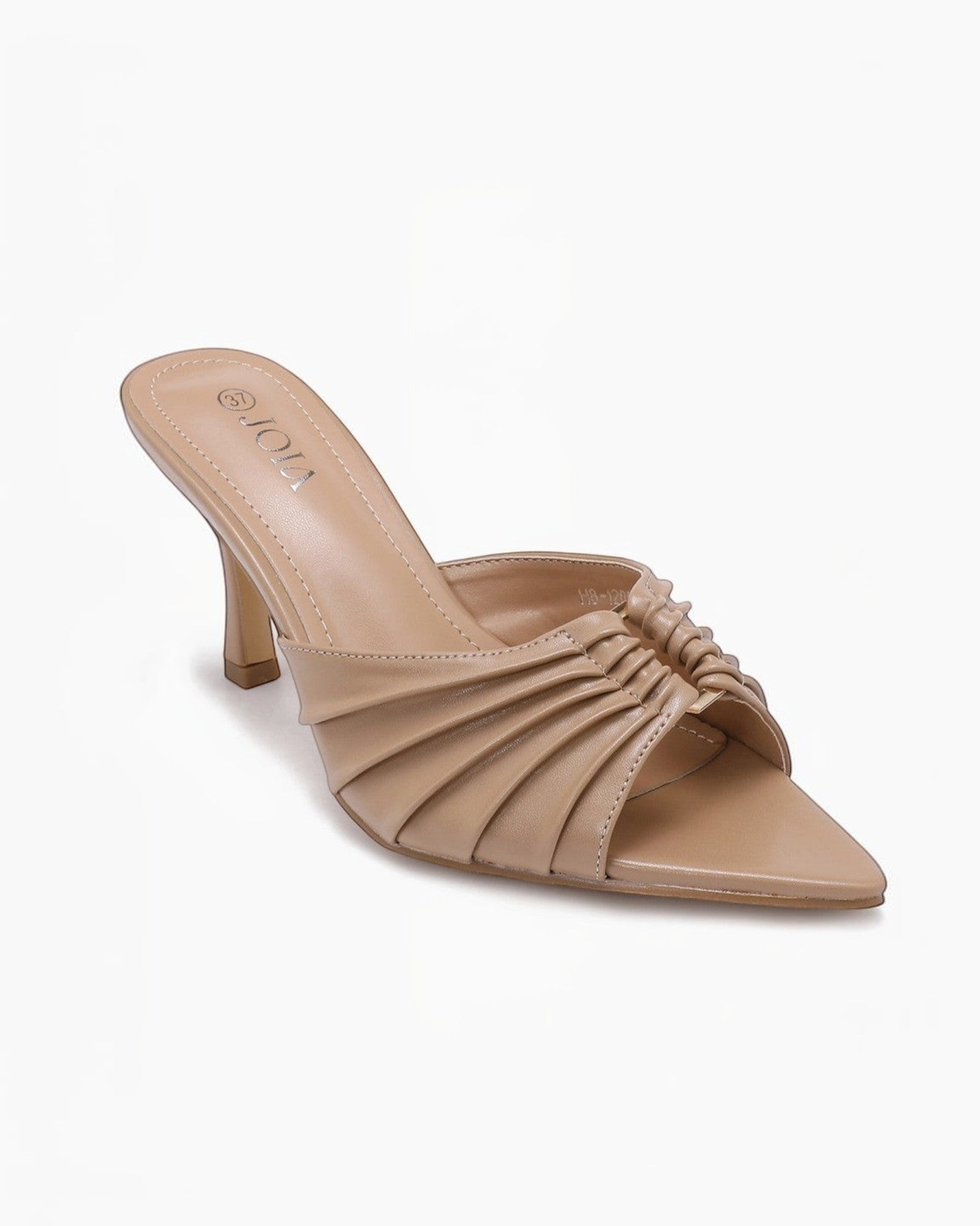 BROCK Mule JOIA PARIS beige cuir synthétique à talon fin 9cm et brides plissées