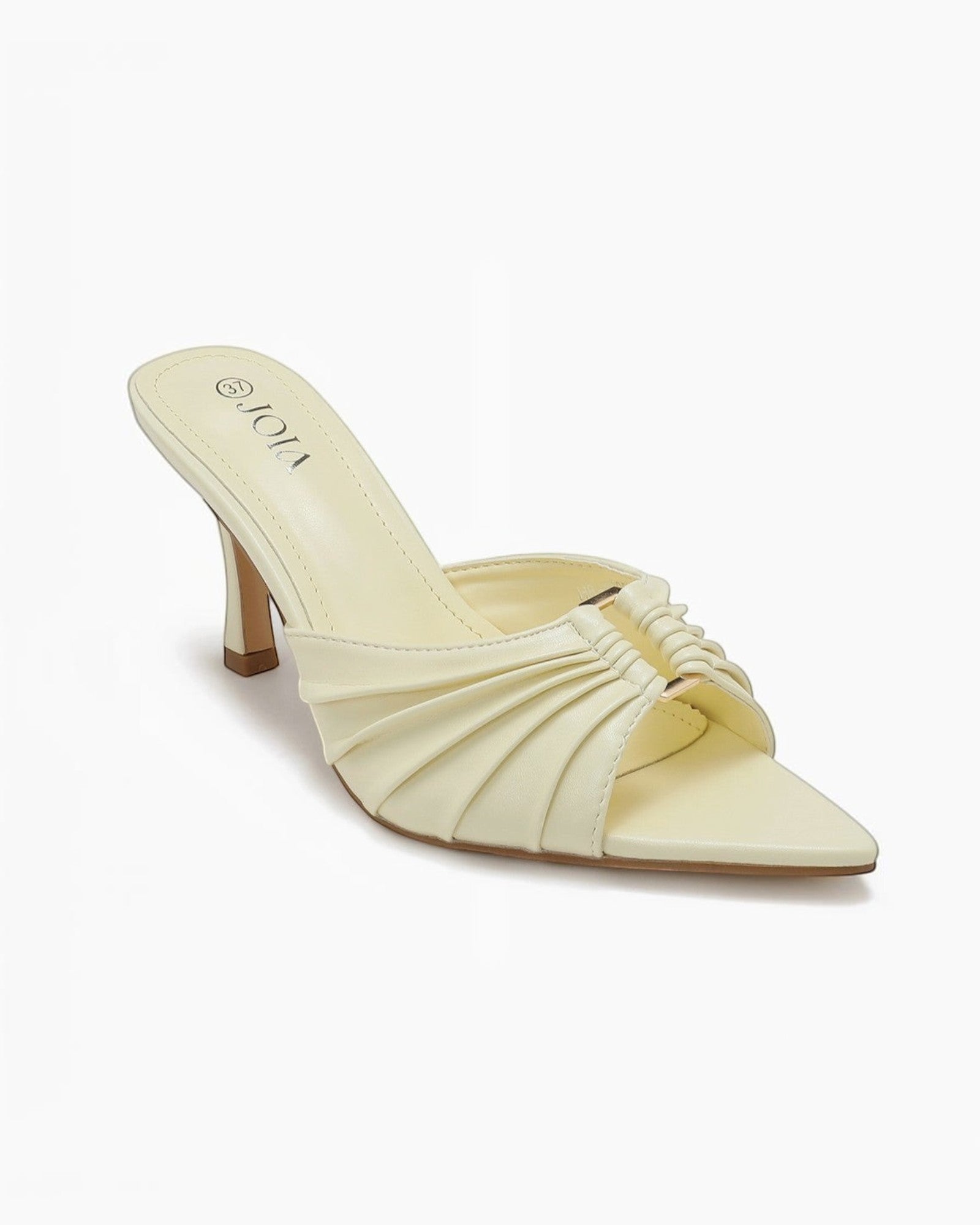 Mule JOIA PARIS jaune pâle à talon fin et brides plissées en cuir synthétique.