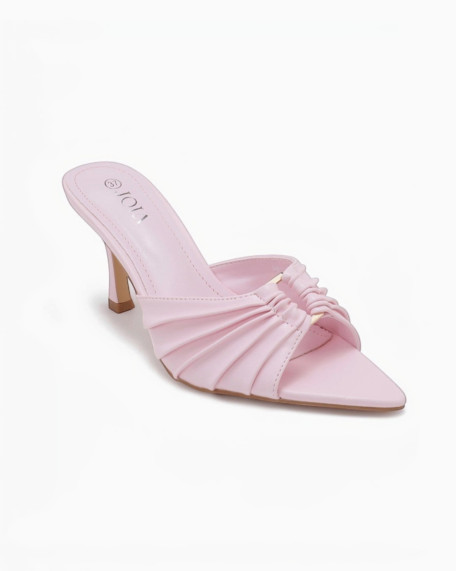 BROCK Mule JOIA PARIS rose à talon fin 9 cm, brides plissées en cuir synthétique.