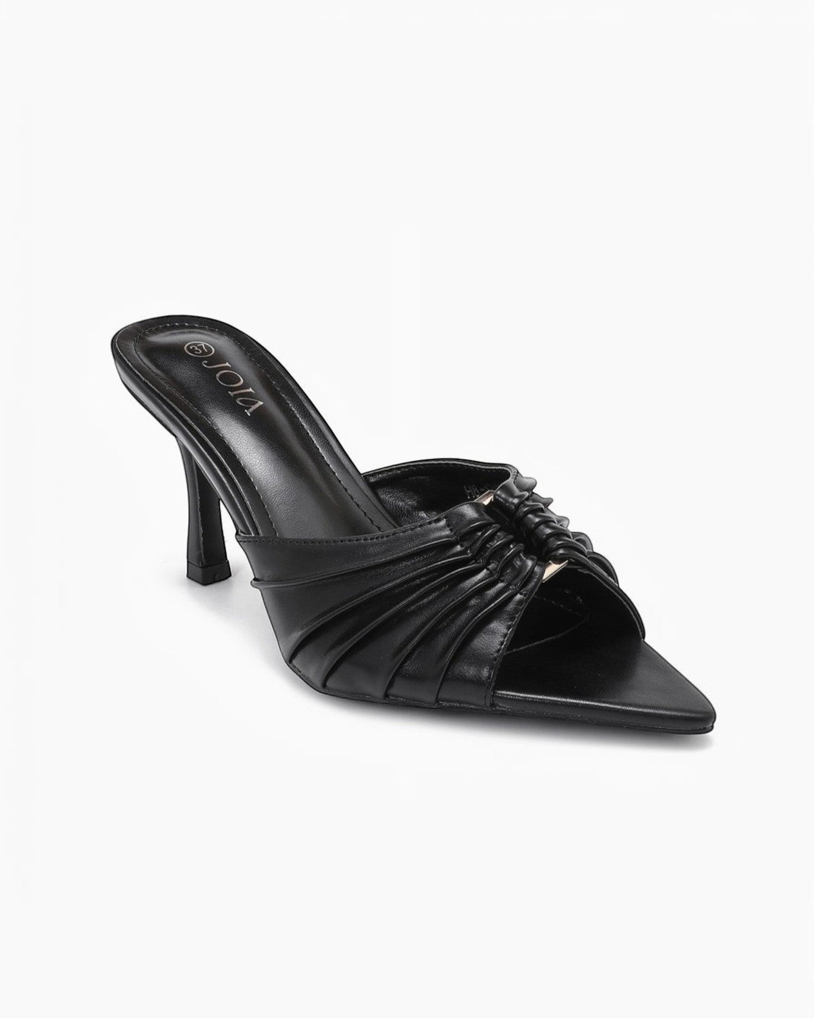 Mule JOIA PARIS noire en cuir synthétique à talon fin de 9 cm et brides plissées