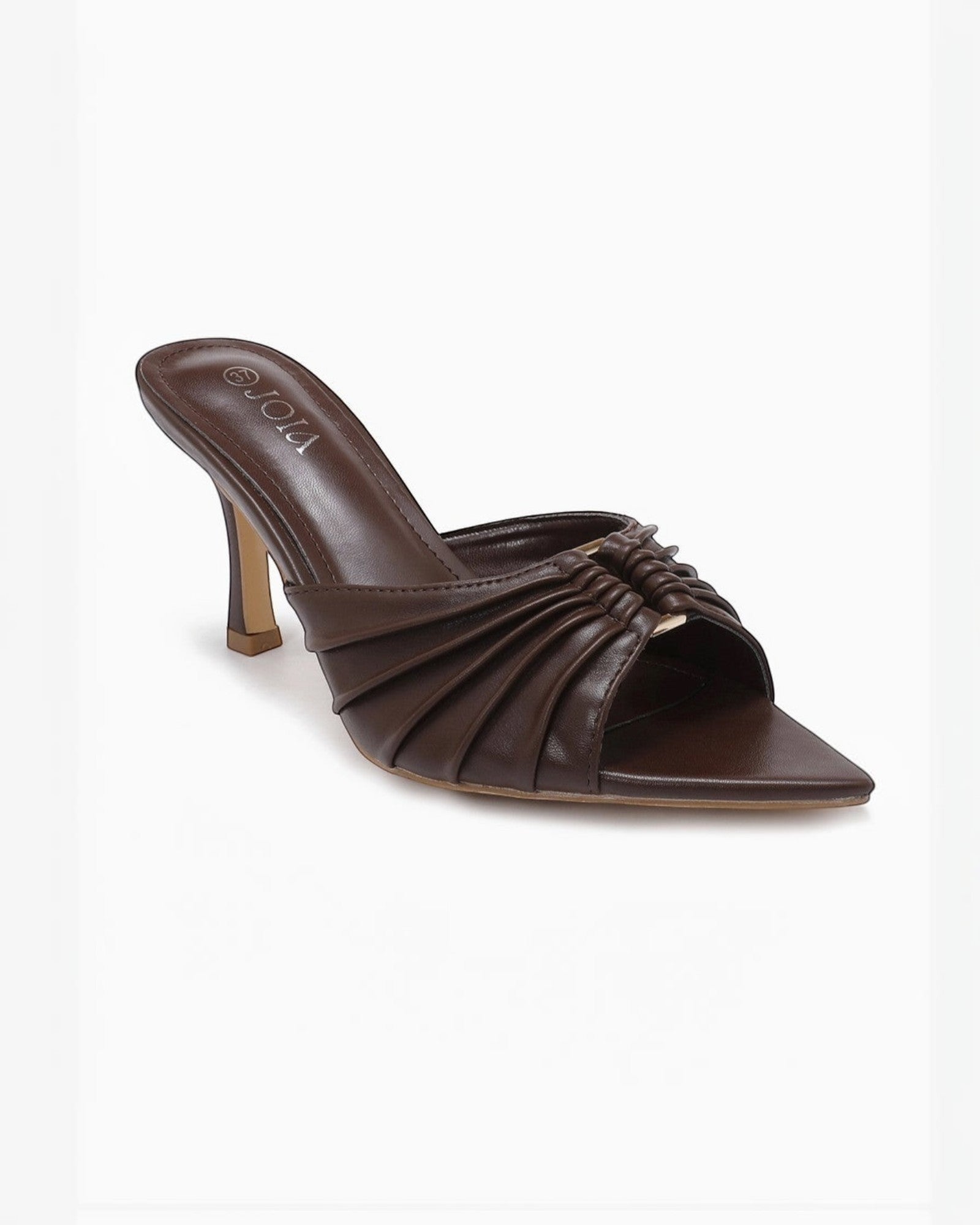 Mule JOIA PARIS marron en cuir synthétique à talon fin de 9 cm et brides plissées