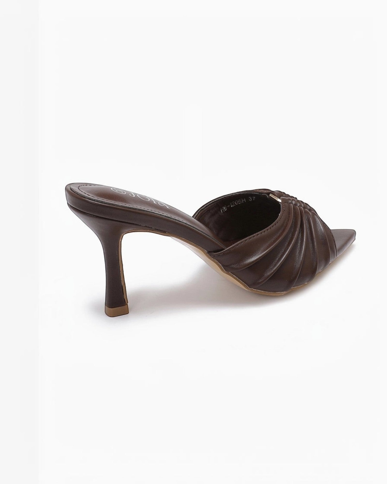 Mule JOIA PARIS marron en cuir synthétique à talon fin de 9 cm et brides plissées
