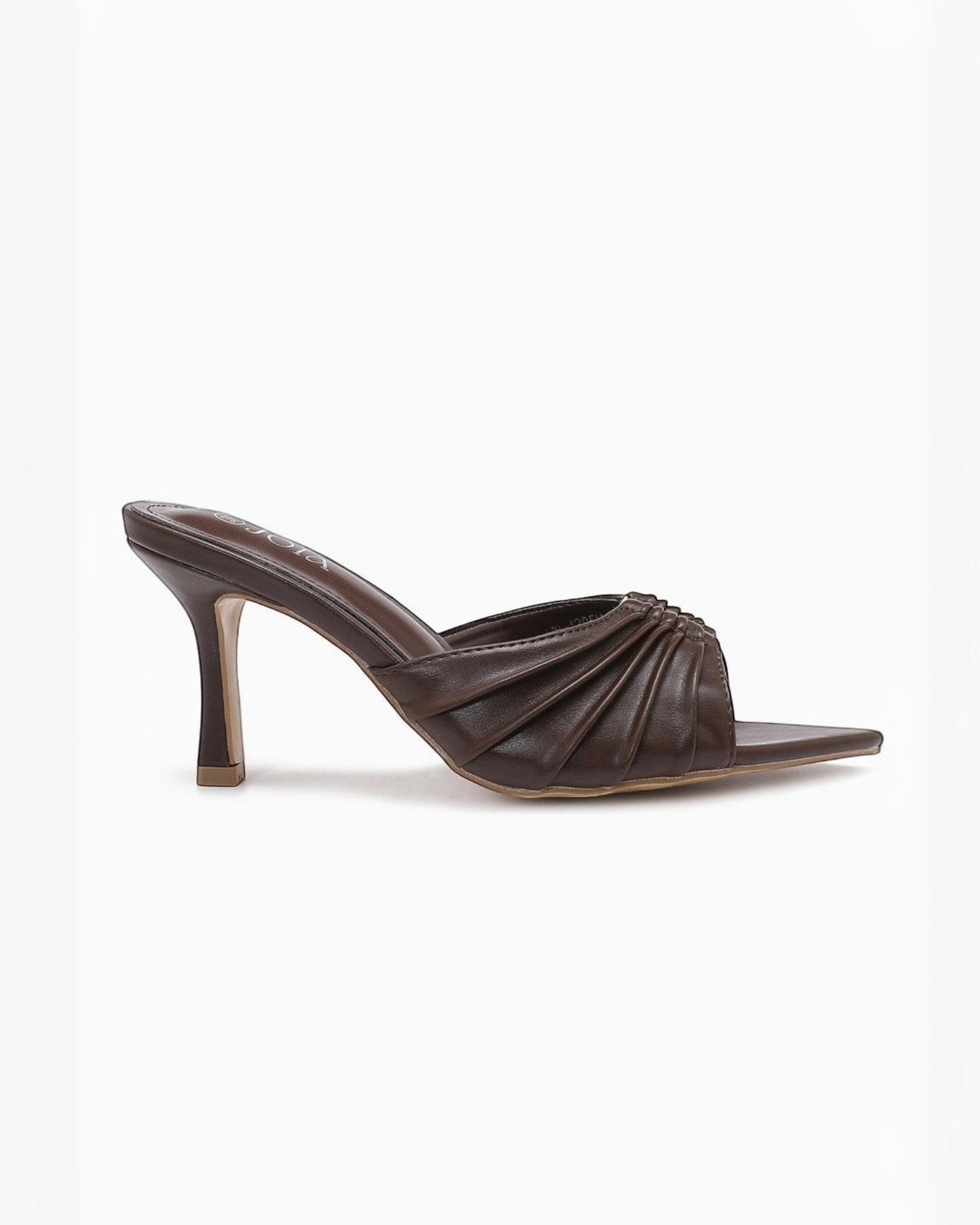 Mule JOIA PARIS marron en cuir synthétique à talon fin de 9 cm et brides plissées