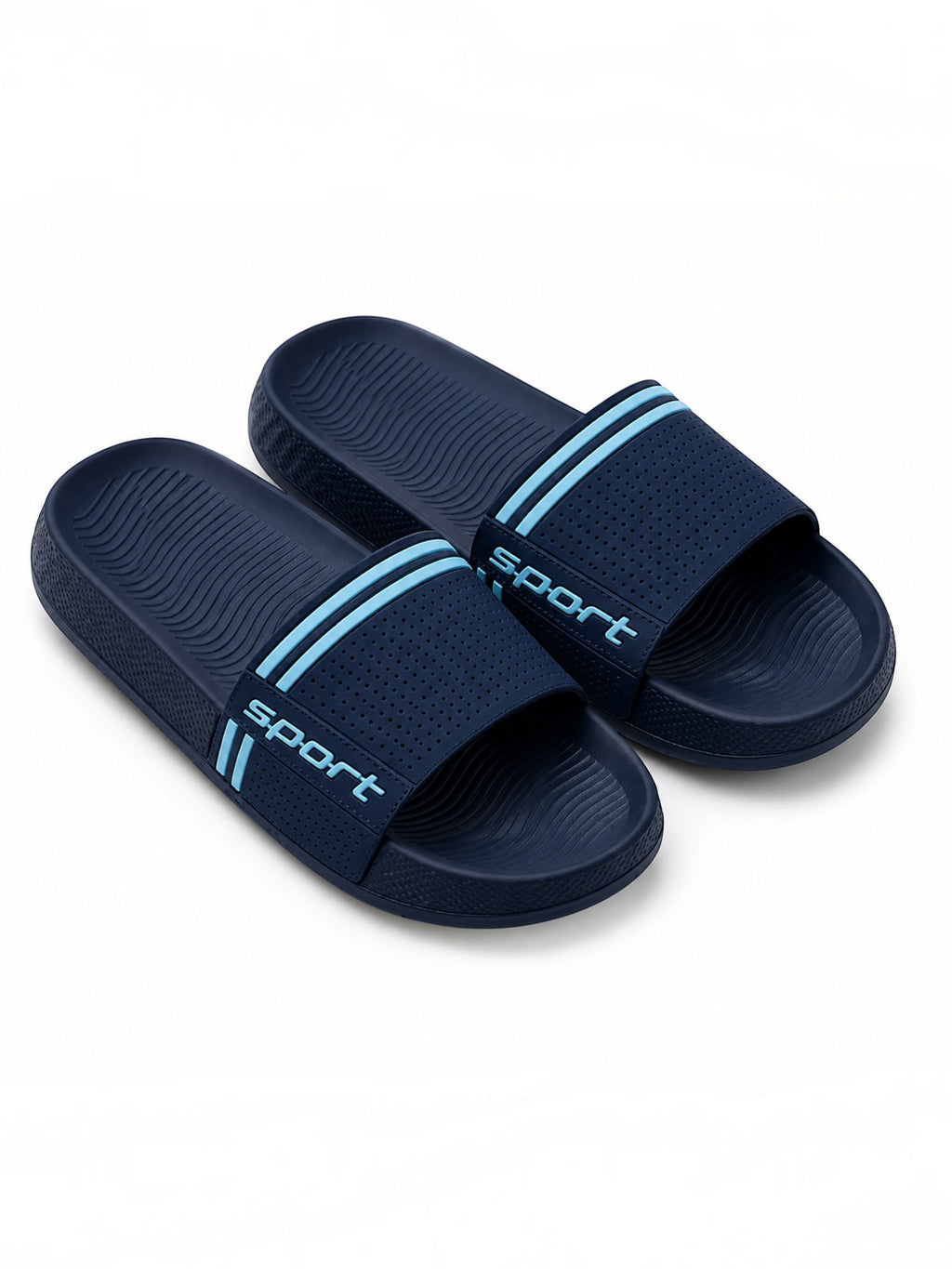 BROCK navy blue men's slide sandals with light blue sport branding and perforated strap for beach and pool use