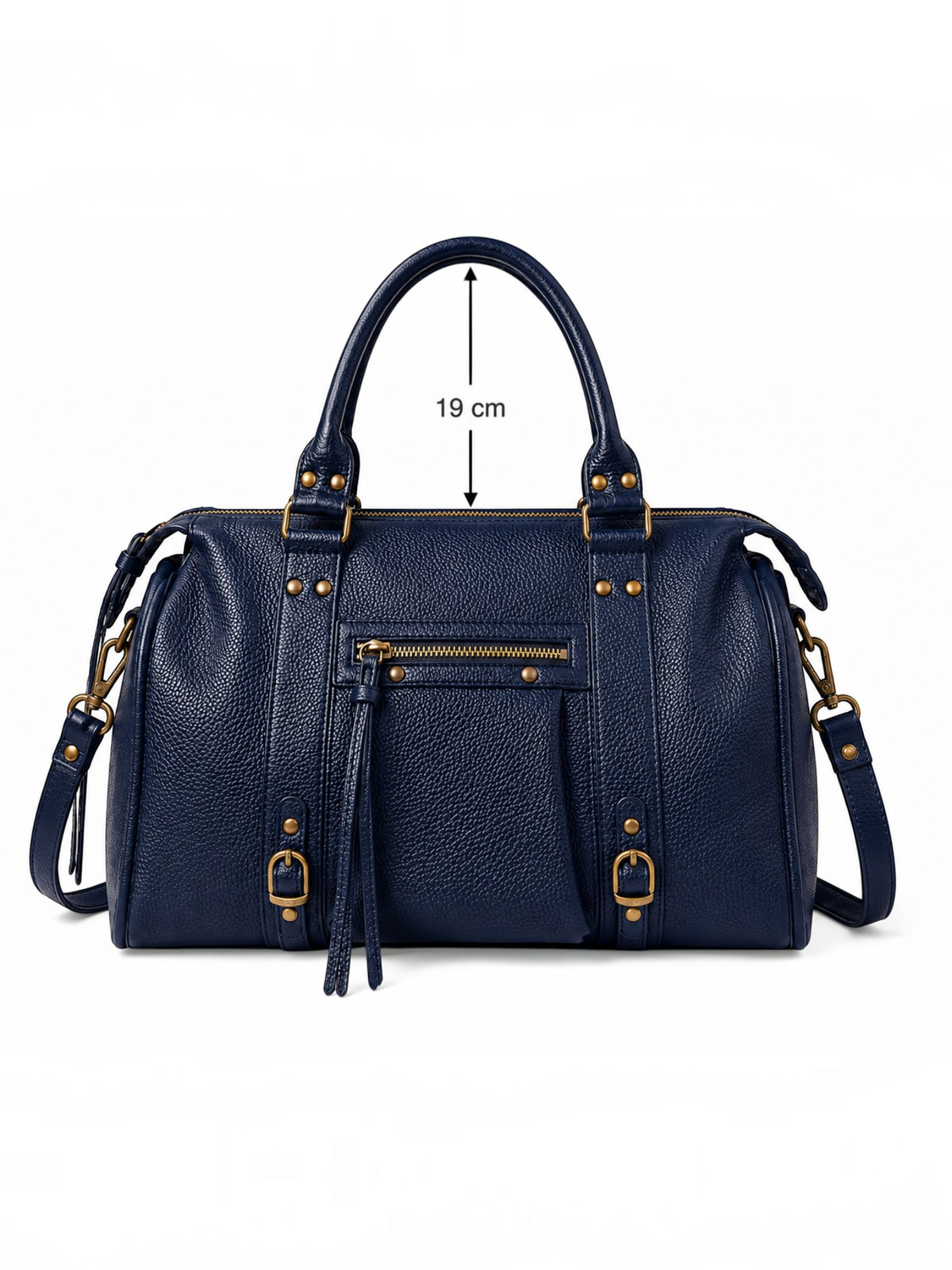 BROCK navy blue faux leather tote bag with gold hardware, zip closure, and long shoulder straps for A4 documents.