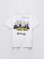 BROCK white cotton t-shirt featuring a New York skyline and yellow taxi graphic print on the back
