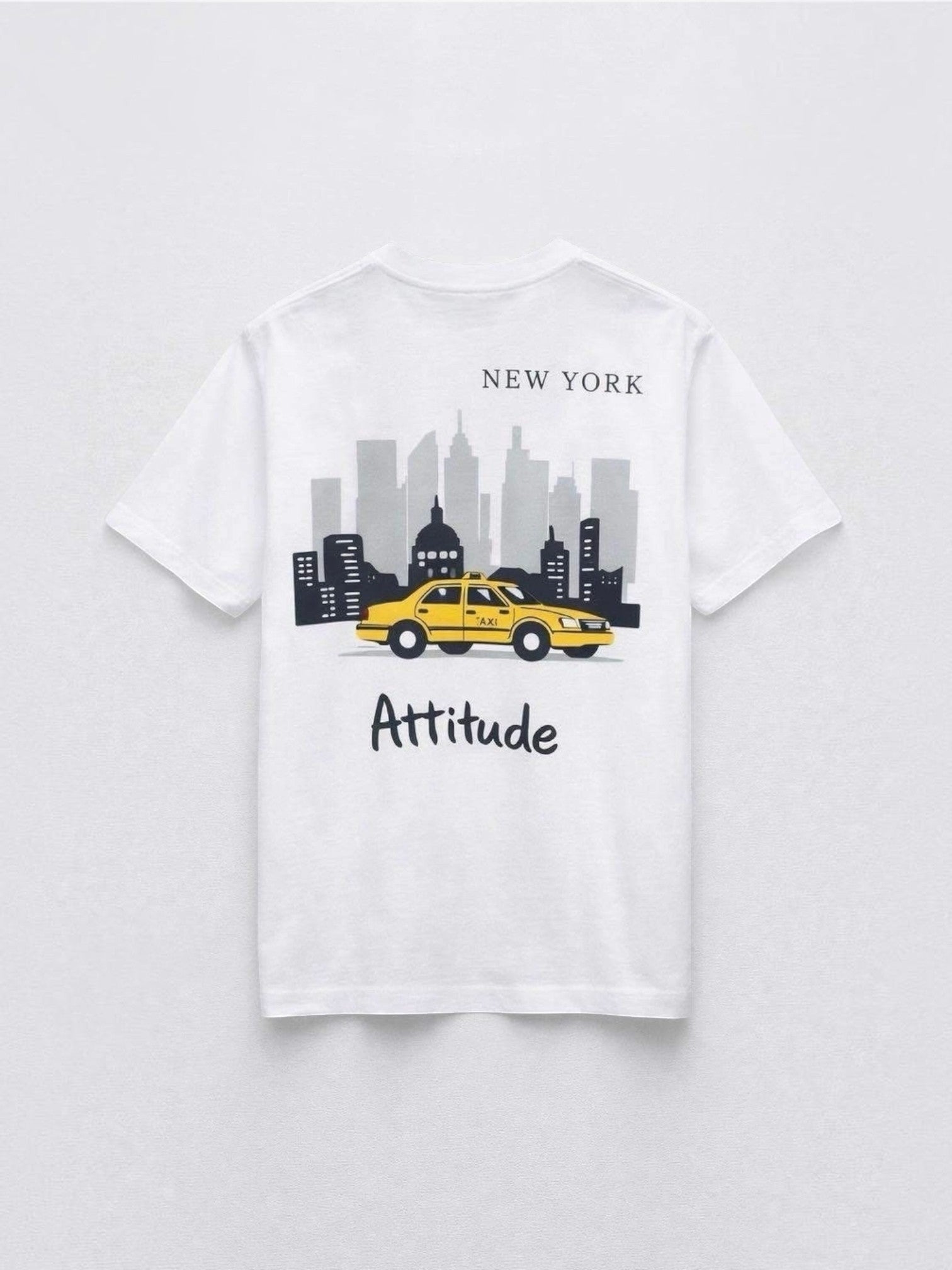 BROCK white cotton t-shirt featuring a New York skyline and yellow taxi graphic print on the back