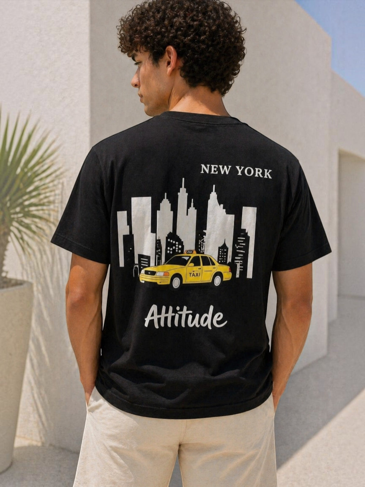BROCK men's black cotton t-shirt featuring a back graphic of a yellow taxi and New York skyline