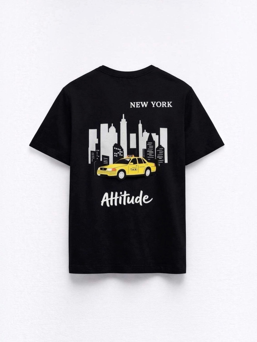 BROCK black cotton t-shirt featuring a back graphic of a yellow New York taxi and city skyline