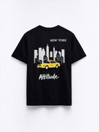 BROCK black cotton t-shirt featuring a back graphic of a yellow New York taxi and city skyline