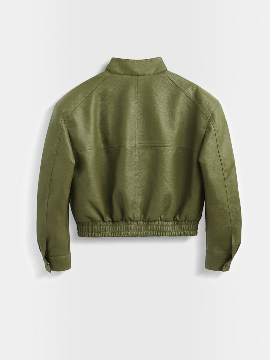 Back view of a BROCK olive green faux leather cropped blouson jacket with an elasticated hem and structured shoulders.