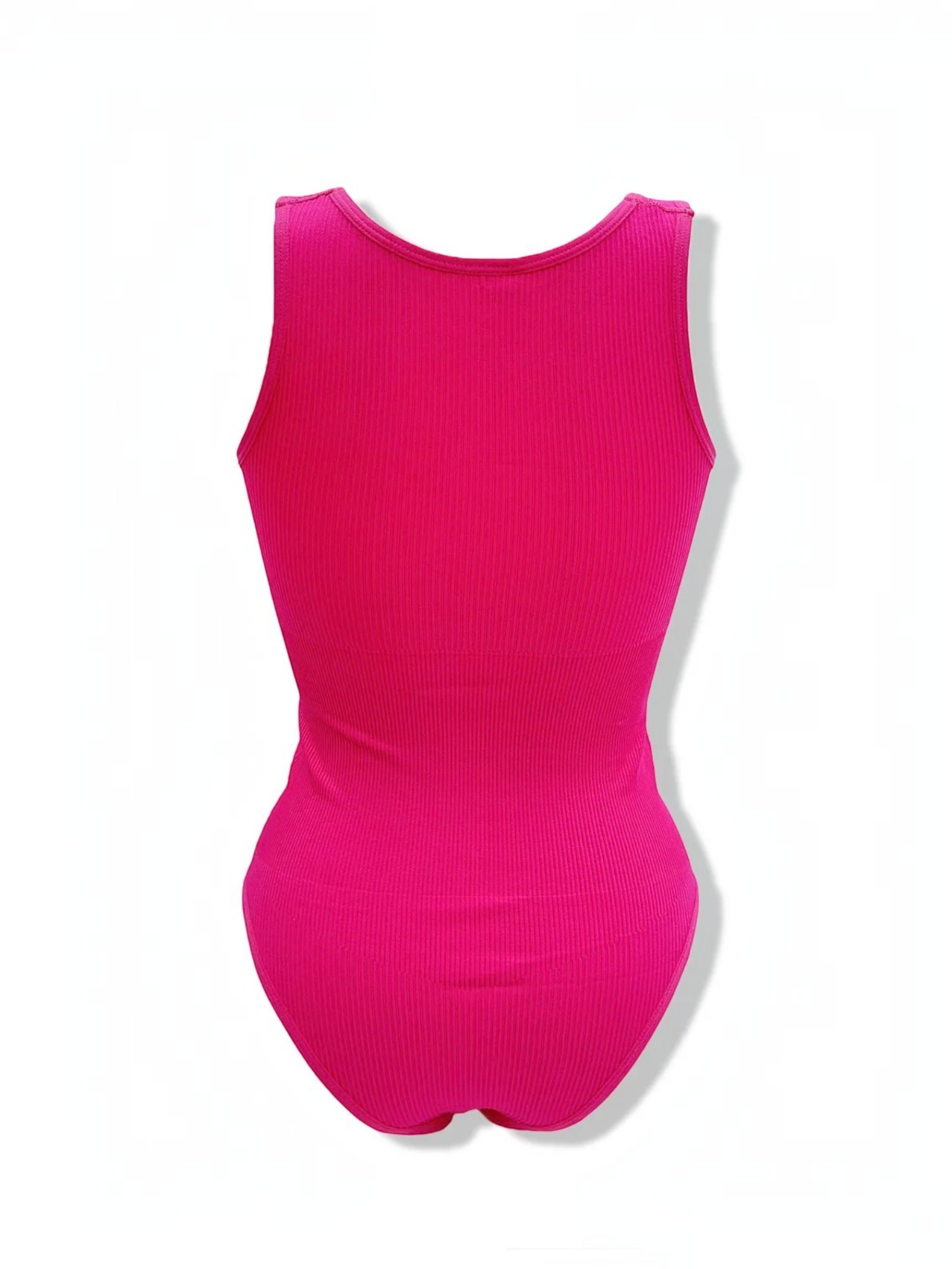 BROCK pink ribbed bodysuit with sleeveless design and high-cut leg, back view.