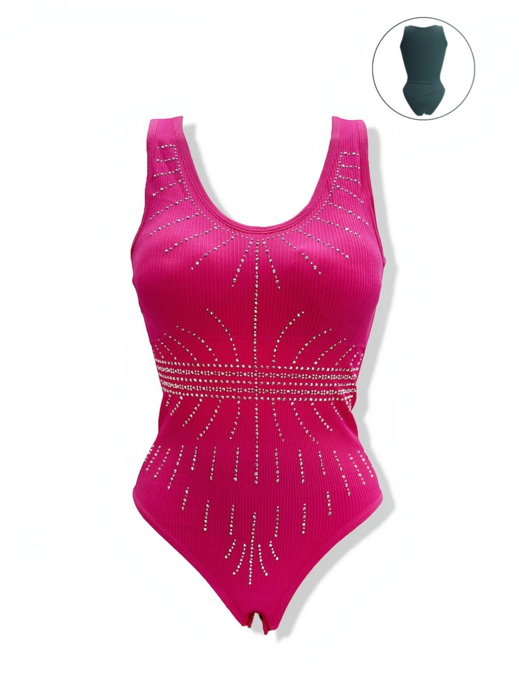 BROCK pink ribbed bodysuit with sparkling rhinestone embellishments and a scoop neckline