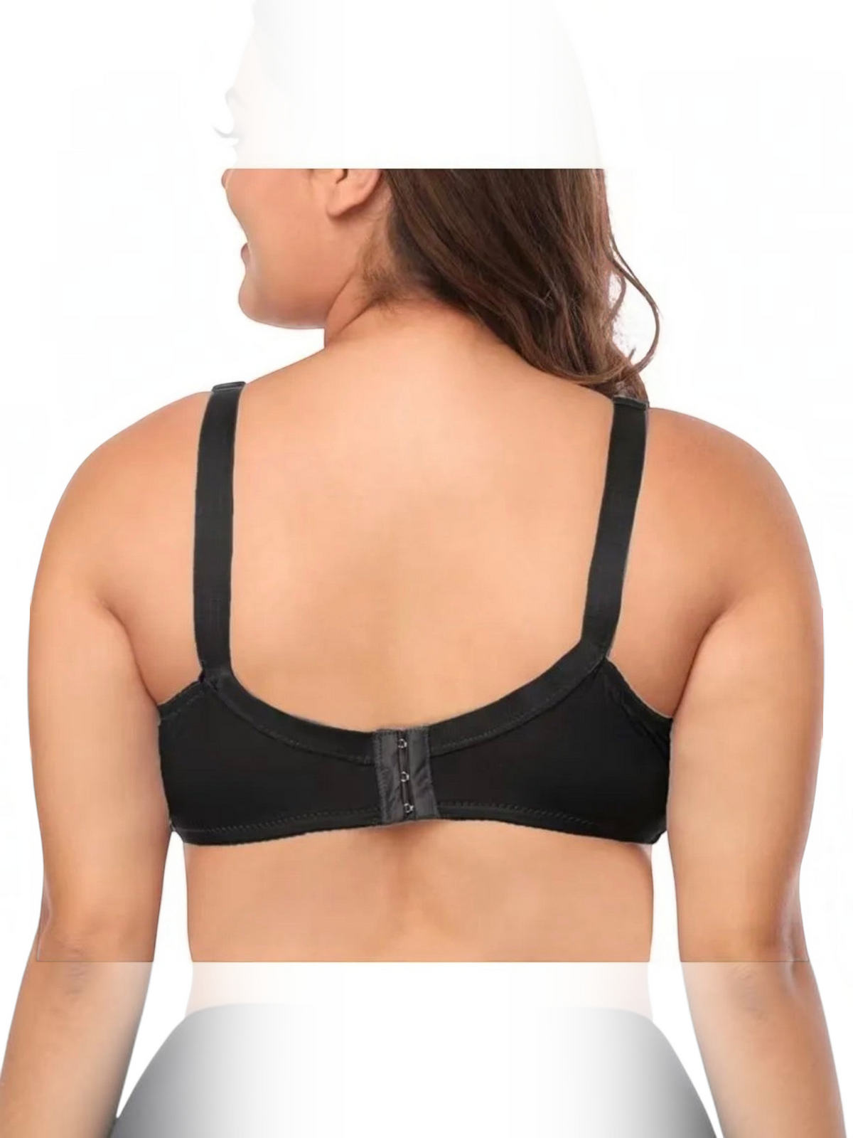 Back view of a black BROCK plus size underwire bra with wide straps on a model