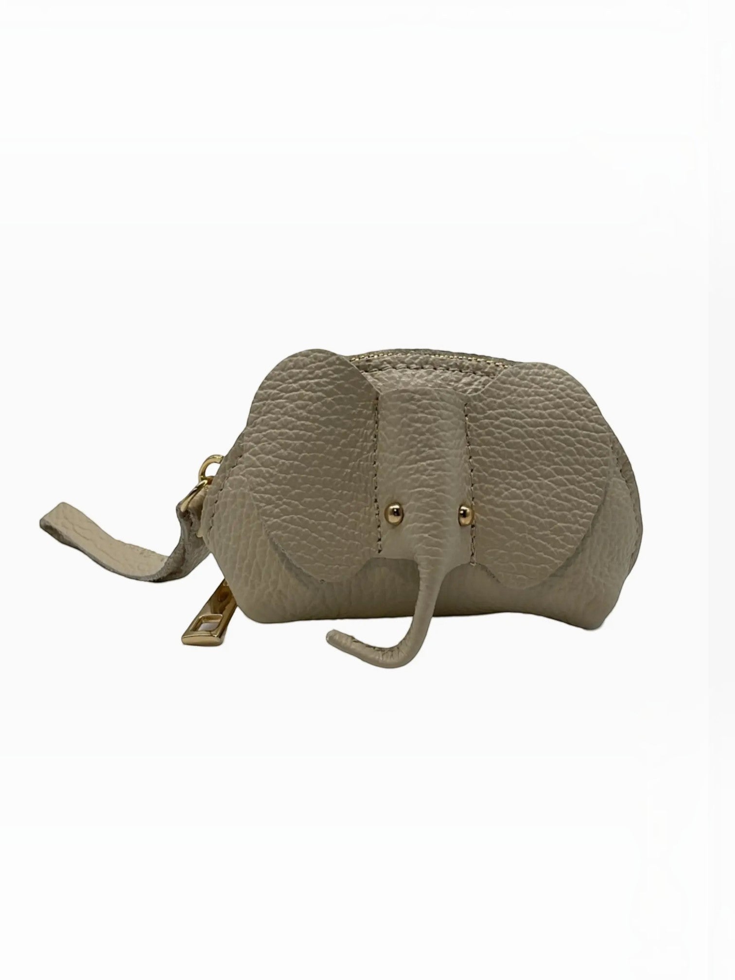 Porte-monnaie BROCK en cuir de vachette beige texturé en forme d'éléphant, fabriqué à la main en Italie.