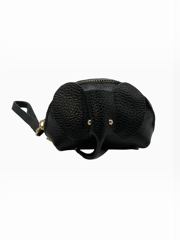 Porte-monnaie BROCK en cuir de vachette noir texturé en forme d'éléphant avec dragonne, fabriqué à la main en Italie.