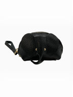 Porte-monnaie BROCK en cuir de vachette noir texturé en forme d'éléphant avec dragonne, fabriqué à la main en Italie.