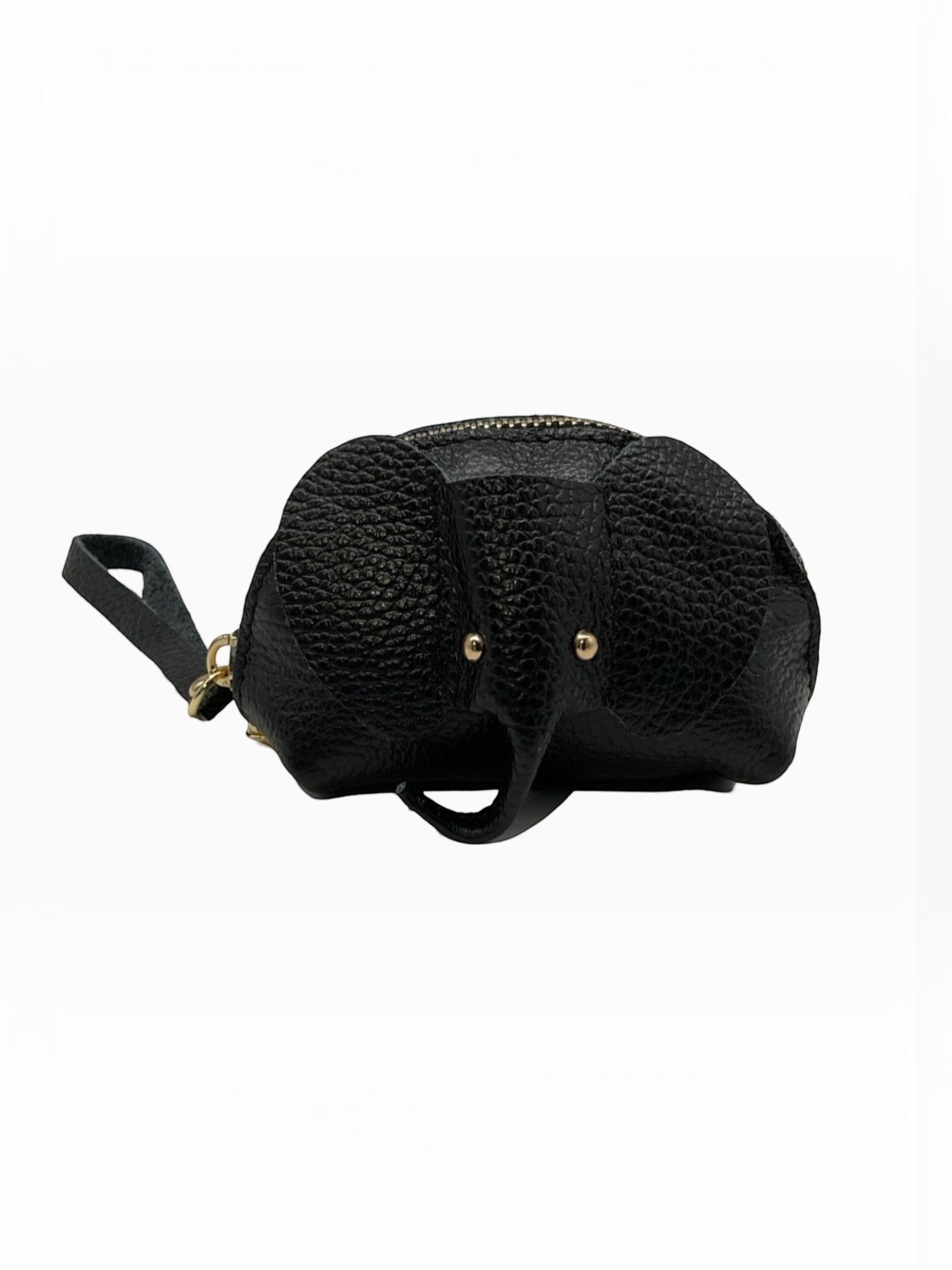 Porte-monnaie BROCK en cuir de vachette noir texturé en forme d'éléphant avec dragonne, fabriqué à la main en Italie.