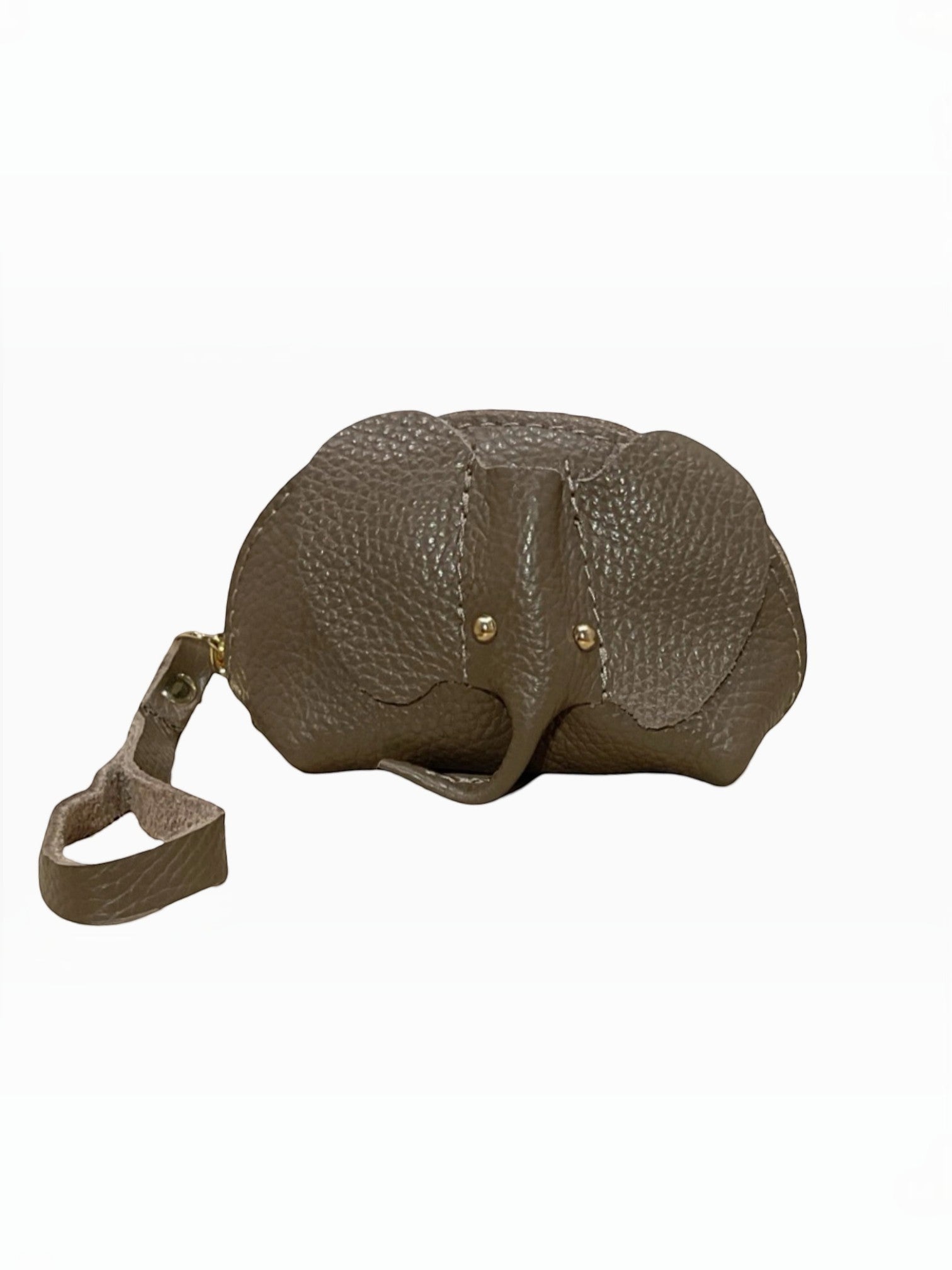 Porte-monnaie BROCK en cuir de vachette texturé gris en forme d'éléphant avec dragonne, fabriqué à la main en Italie.