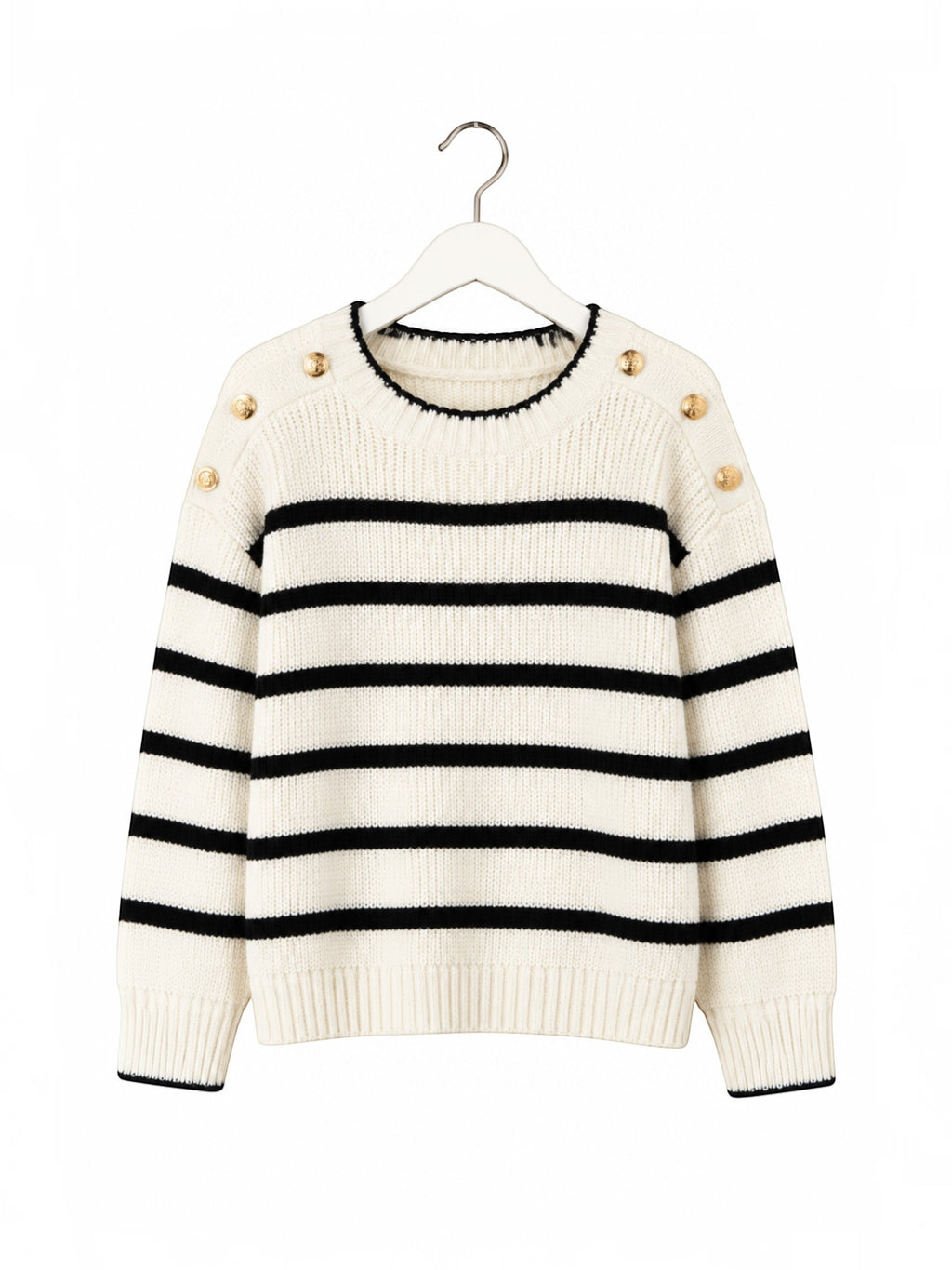 Pull marinière BROCK en maille de coton blanc et noir avec col rond, bordures ondulées et boutons dorés aux épaules