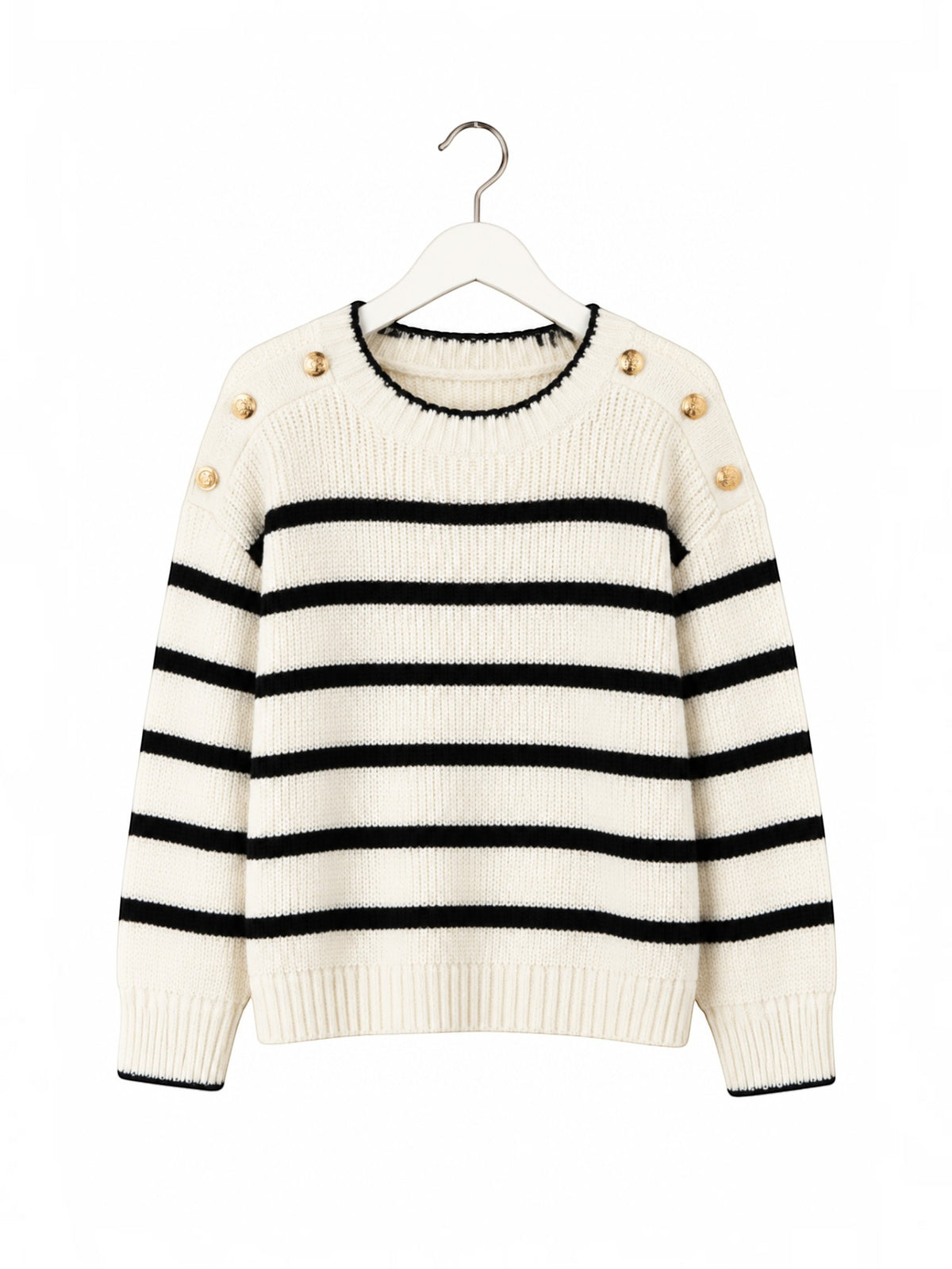 Pull marinière BROCK en maille de coton blanc et noir avec col rond, bordures ondulées et boutons dorés aux épaules