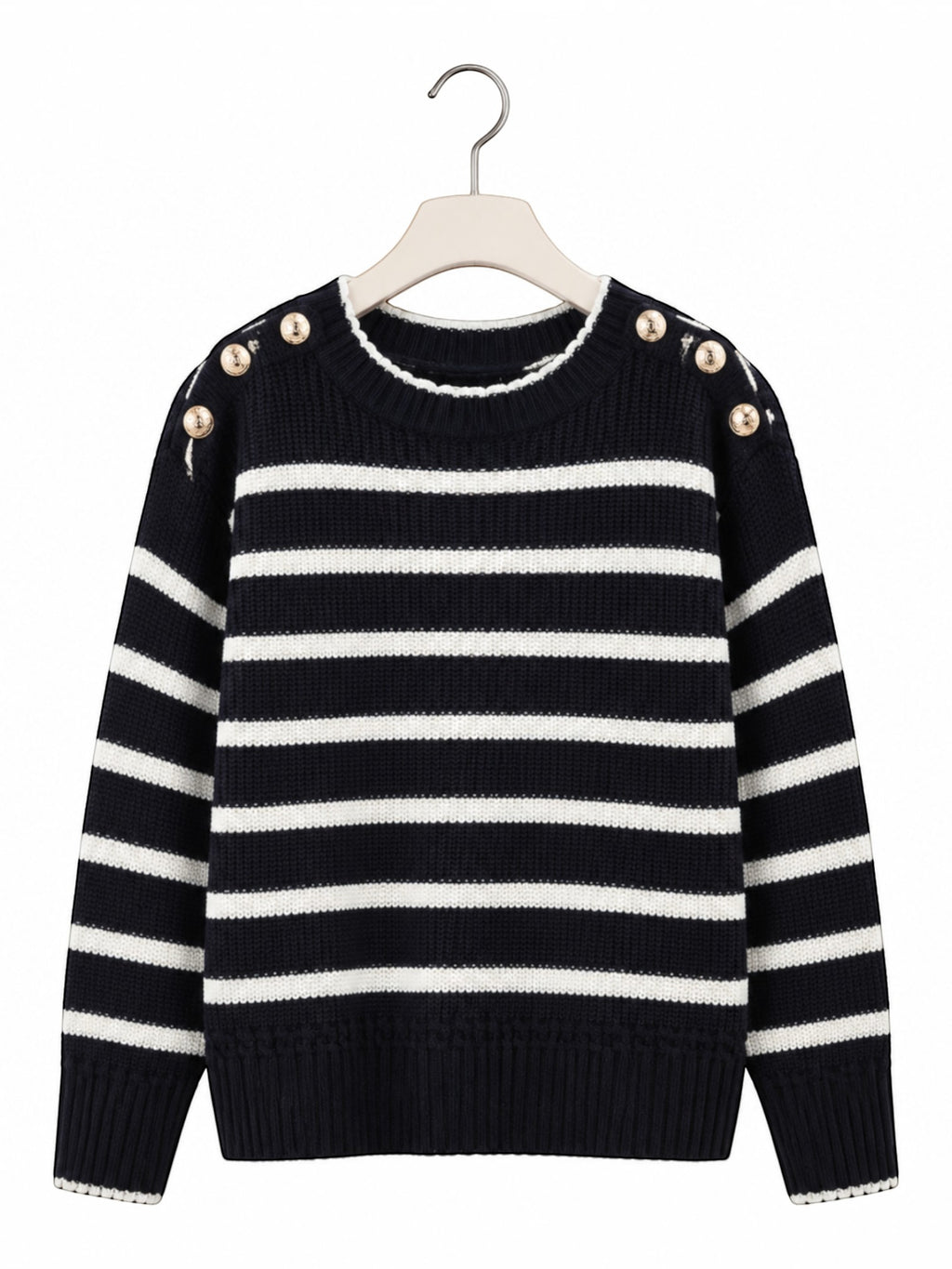 Pull marinière BROCK en maille de coton bleu marine et blanc avec col rond et boutons dorés sur les épaules