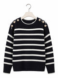 Pull marinière BROCK en maille de coton bleu marine et blanc avec col rond et boutons dorés sur les épaules