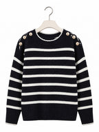 Pull marinière BROCK en maille de coton bleu marine et blanc avec col rond et boutons dorés sur les épaules