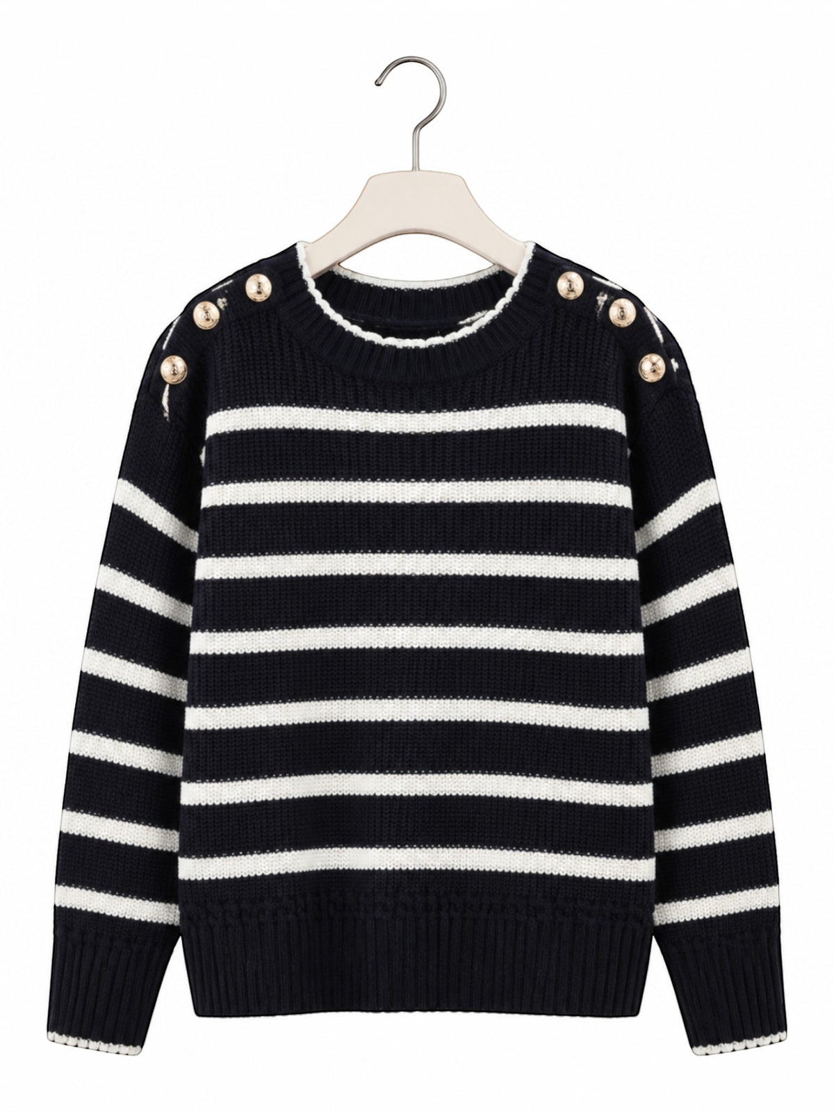 Pull marinière BROCK en maille de coton bleu marine et blanc avec col rond et boutons dorés sur les épaules