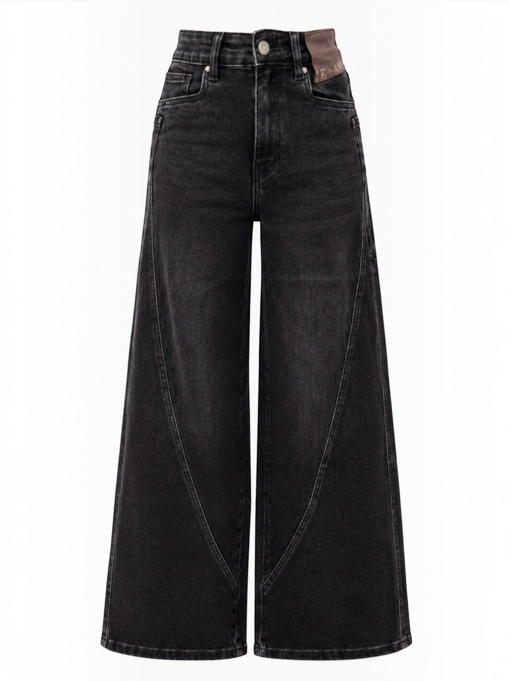 BROCK R.DISPLAY Lyana black stretch denim jeans with a wide-leg cut and decorative seam detailing.