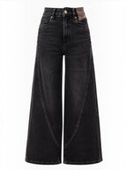 BROCK R.DISPLAY Lyana black stretch denim jeans with a wide-leg cut and decorative seam detailing.