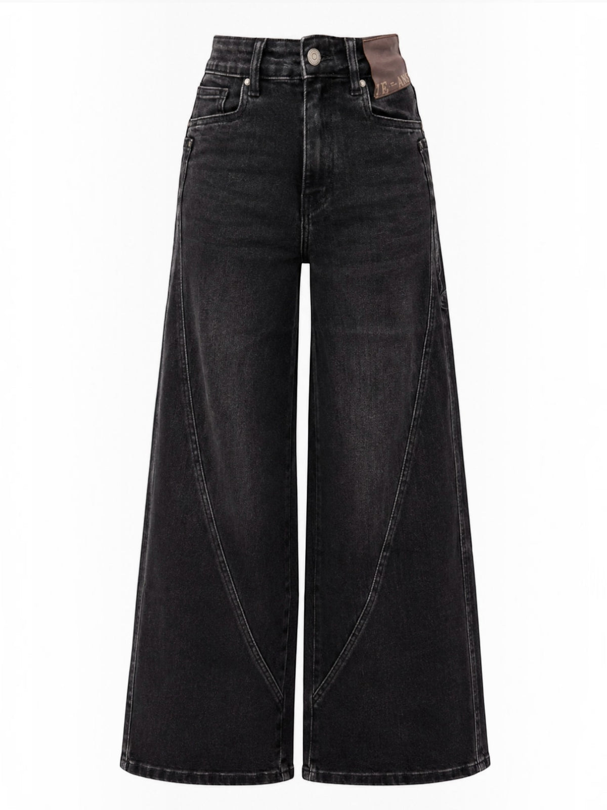 BROCK R.DISPLAY Lyana black stretch denim jeans with a wide-leg cut and decorative seam detailing.
