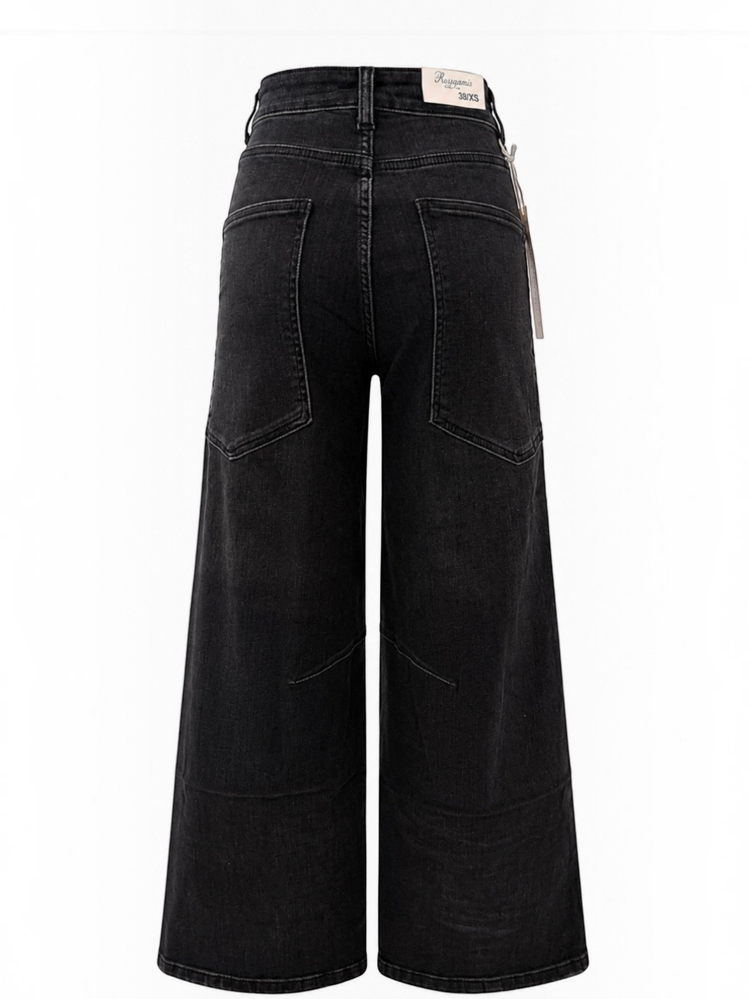 BROCK R.DISPLAY Lyana black stretch denim jeans with wide leg cut and back pockets, viewed from behind.