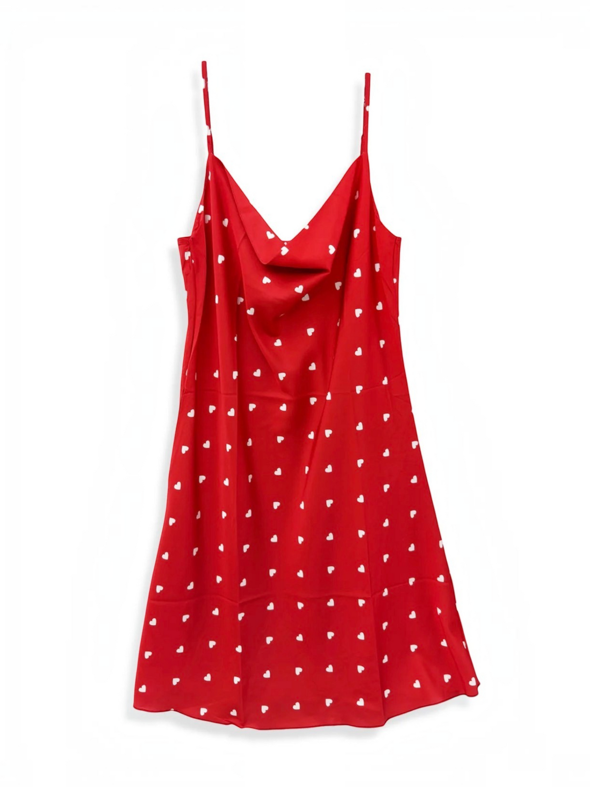 BROCK red satin nightgown with white heart print, featuring a delicate cowl neckline and adjustable straps.