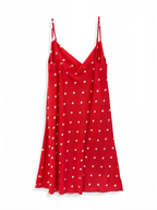 BROCK red satin nightie with white heart pattern, featuring a cowl neck and adjustable straps.