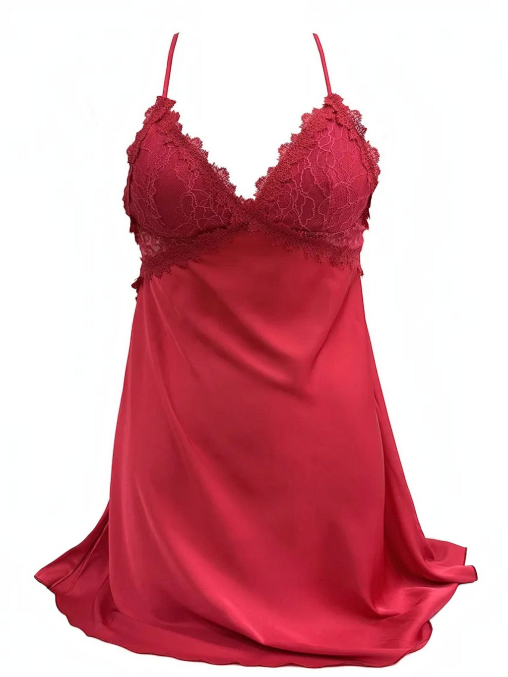 BROCK BELLE COM'ELLE red satin nightgown with delicate lace bodice and thin adjustable straps