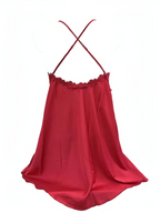 BROCK red satin nightie with delicate lace trim and thin adjustable crisscross straps on the back
