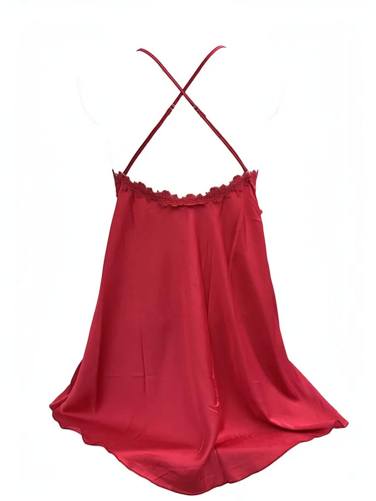 BROCK red satin nightie with delicate lace trim and thin adjustable crisscross straps on the back