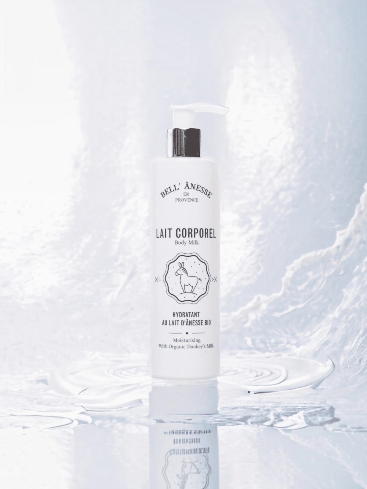 BROCK S2Z COSMETICS organic donkey milk moisturizing body lotion in a 250ml pump bottle on a textured white surface.