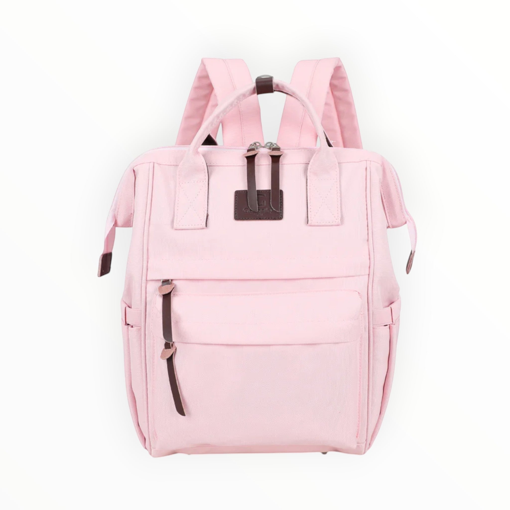 Sac à dos Métropole GALLANTRY rose pâle en toile, avec poches extérieures et détails contrastés en cuir.
