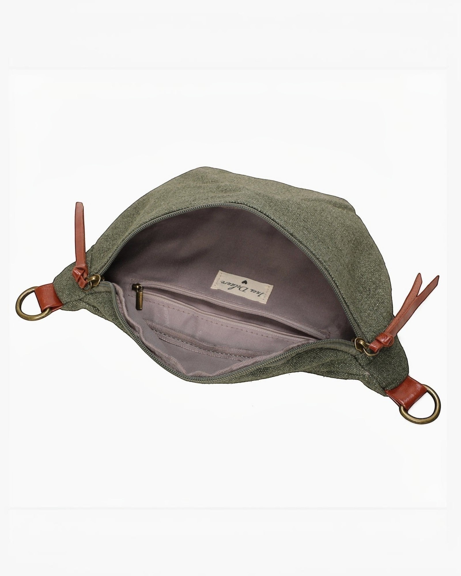 Sac banane vert kaki en toile et PU, marque INES DELAURE, avec poche intérieure zippée et détails en cuir.