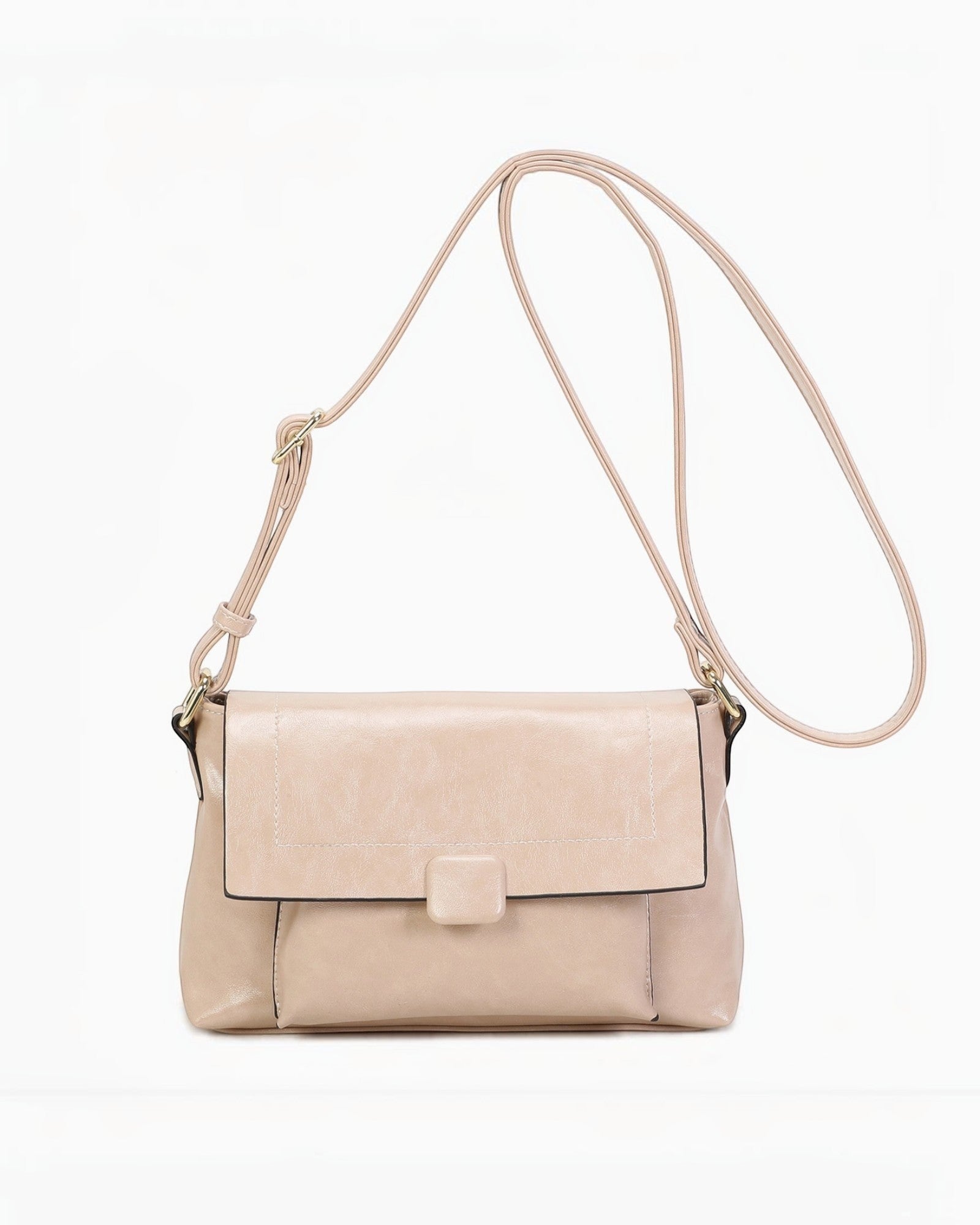 Sac bandoulière beige en PU INES DELAURE avec fermeture zippée et rabat, idéal pour un usage quotidien.
