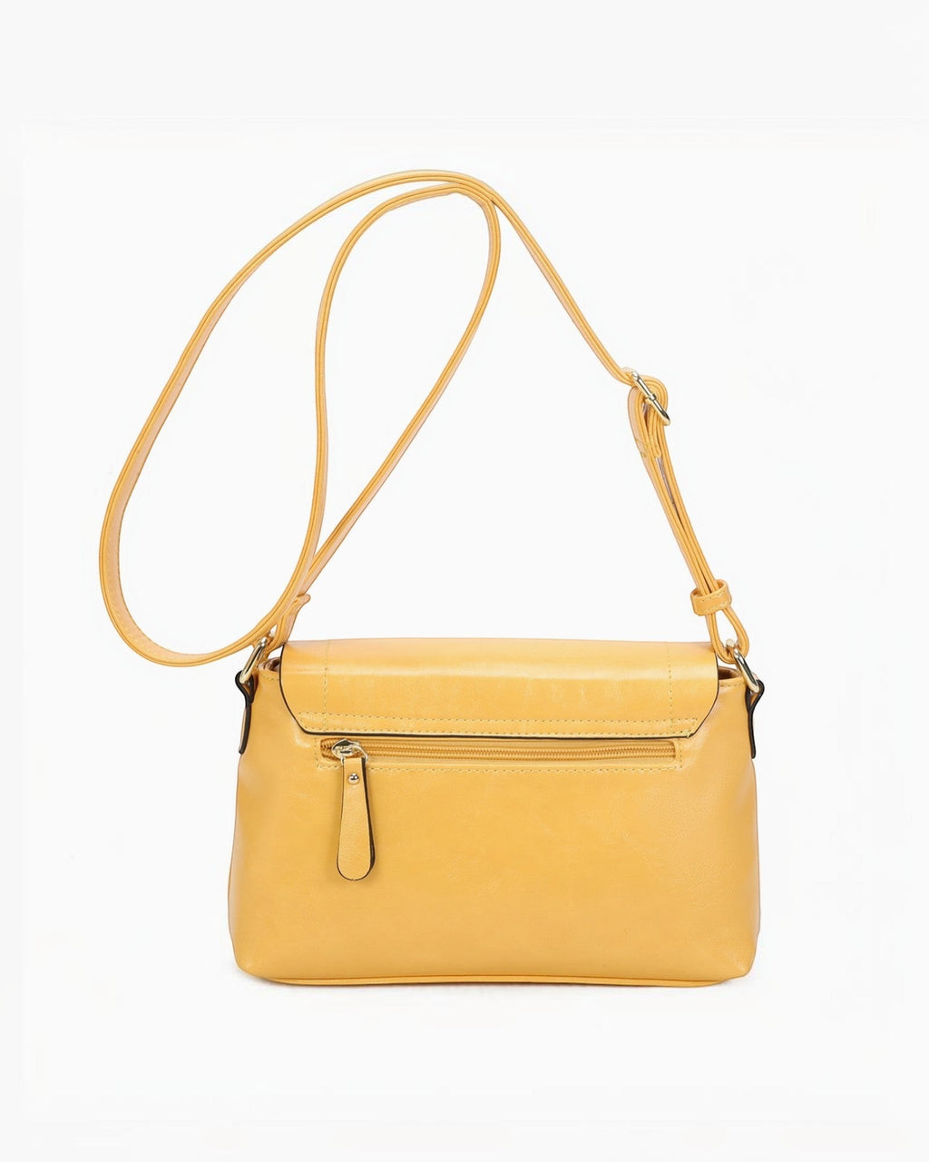 Sac bandoulière jaune en PU INES DELAURE zippé à rabat avec poche arrière zippée et bandoulière réglable.