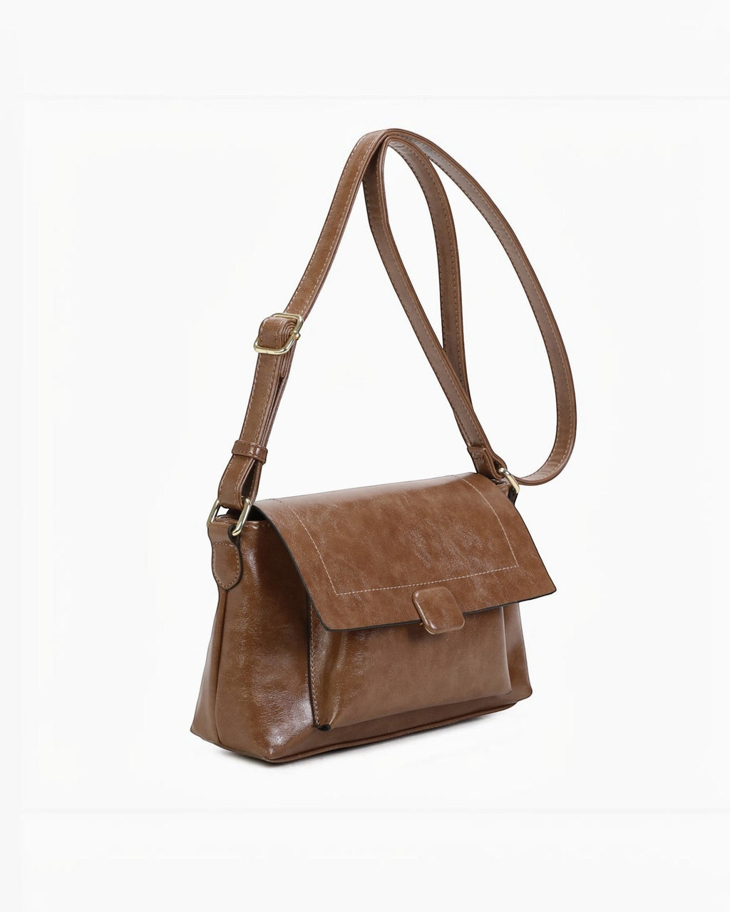 Sac bandoulière marron en PU INES DELAURE zippé avec rabat et poche extérieure, idéal pour un usage quotidien.