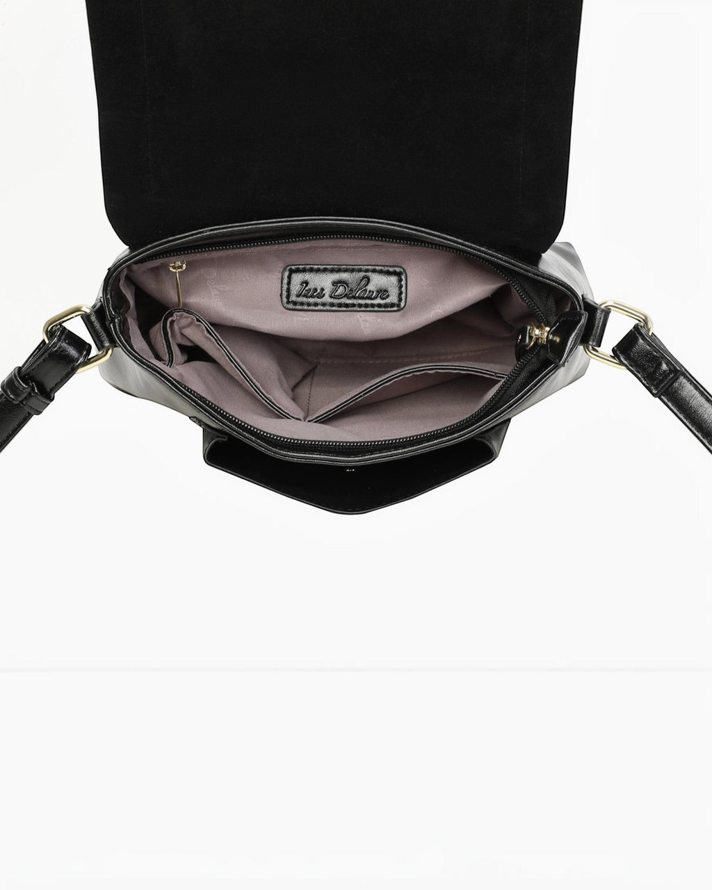 Sac bandoulière noir INES DELAURE en PU avec fermeture zippée et rabat, poches intérieures et extérieures.